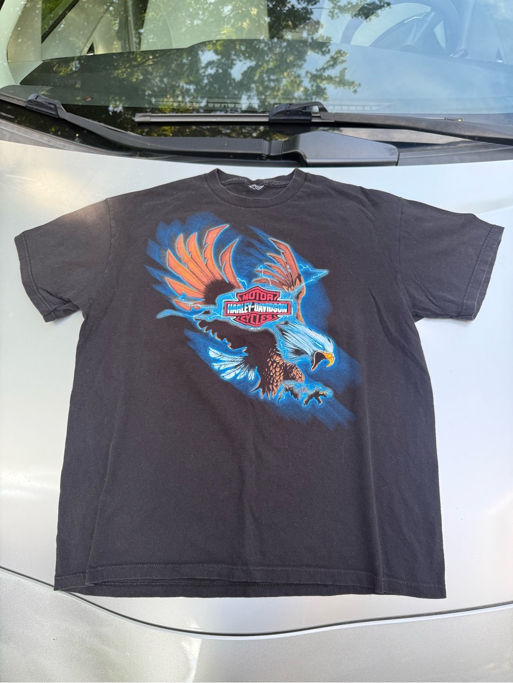 Harley-Davidson Black Tee with Blue and Orange Eagle Graphic
